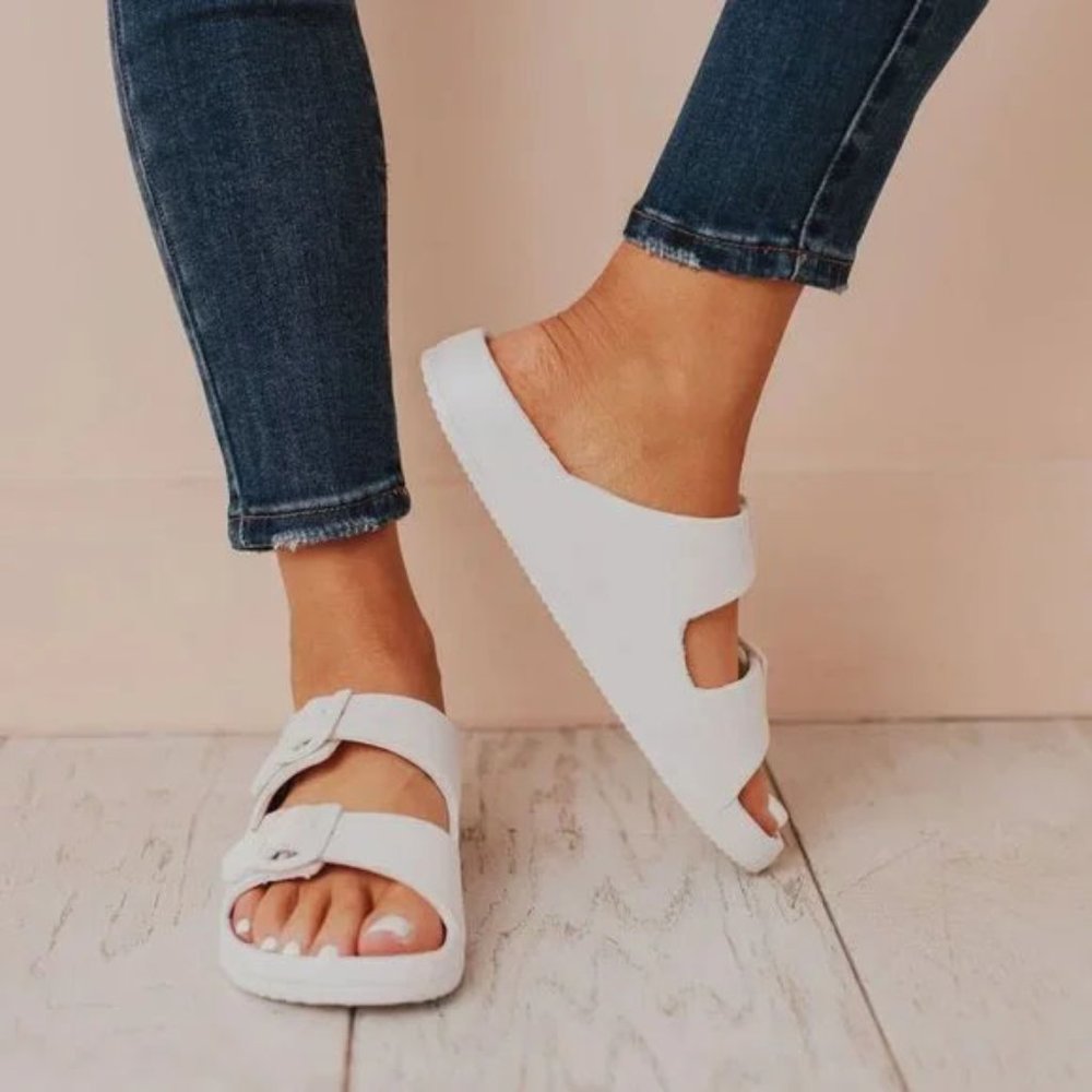 NEW Adjustable Double Buckled Straps Comfy Slip On Slides Slippers Sandals White - Picture 5 of 12